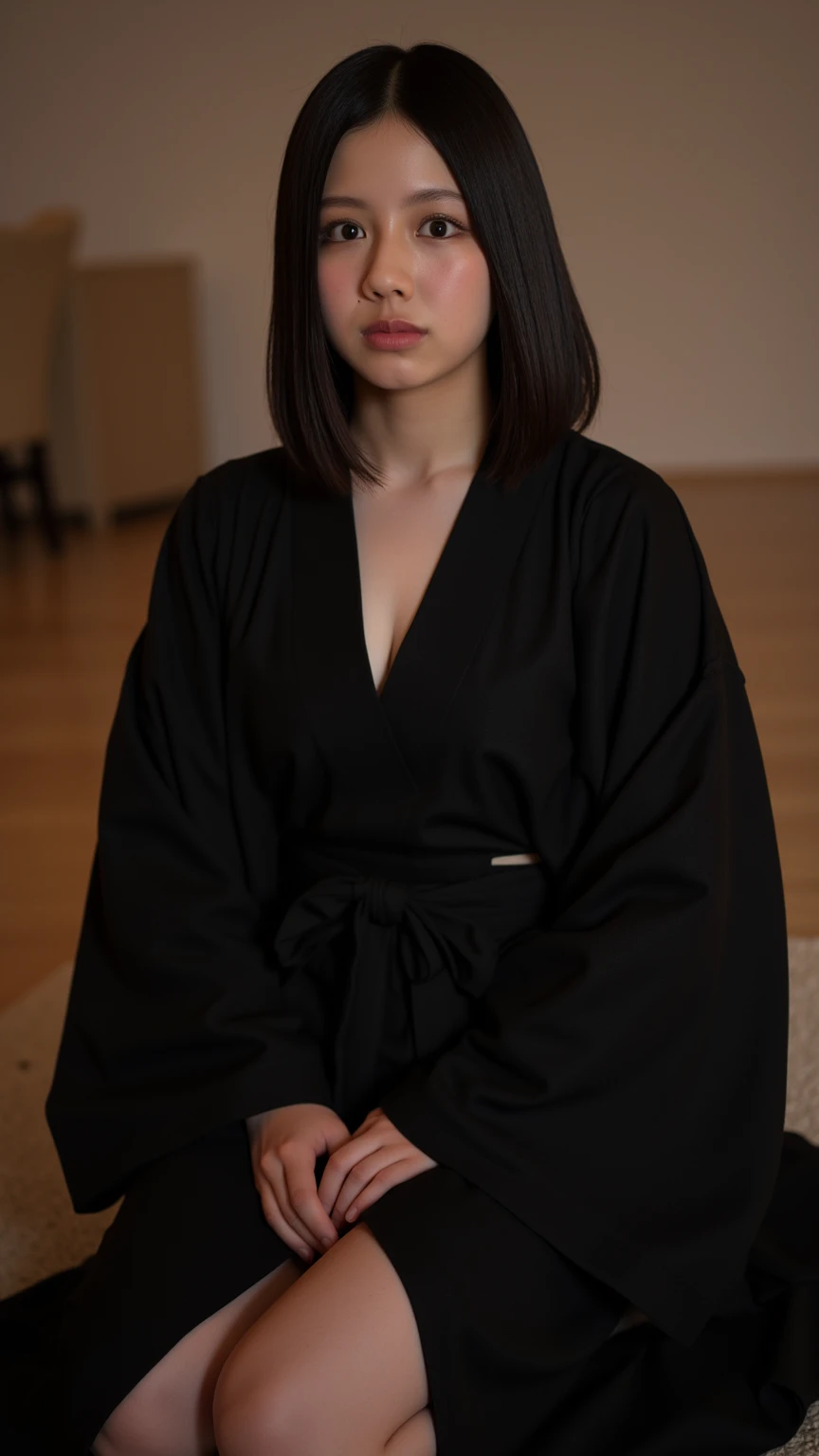 ((Highest quality, 8K, masterpiece :1.3)), Photorealistic,(Cinema Lighting),Facial detail texture.. double eyelid, Slender body. Very small breasts, Sexy clavicle,((Very cute 12 year old girl)), Photorealistic:1.37, Open kimono、((A girl in a tattered black yukata))、(Tattered ultra-thin linen fabric:1.2),Brunette color hair,Hair Bun,,barefoot,Like the whole body,Short sleeve,Ultra micro mini skirt,Exposing thighs,fold,((Plain background)),A shy smile,Make your face bright red、No underwear、Super detailed shaved pussy、No makeup、Super clear、Ultra detailed nipples