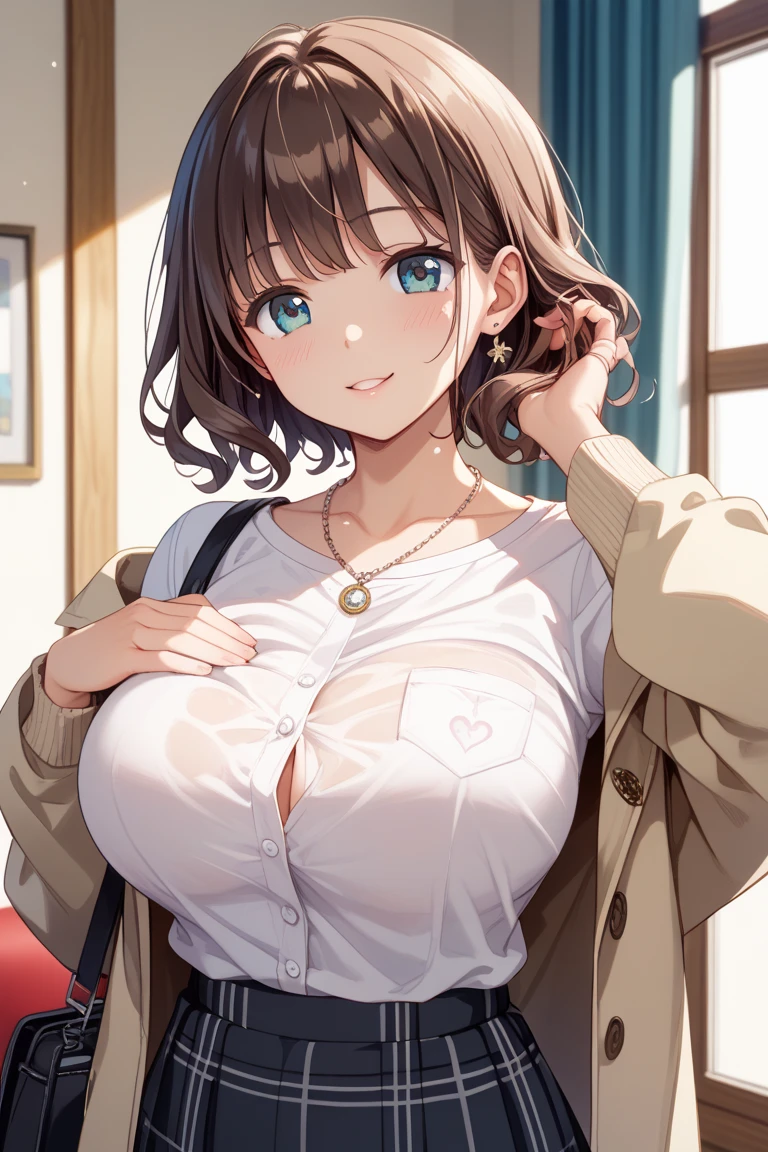 anegasaki nene、Shiny brown hair, short hair, (Beautiful brown eyes、Sparkling eyes, Fine grain)、smile、Ultra-detailed eyes、非常にDetailed face, Highly detailed eyes,Cowboy Shot、
Open the chest、Blue cardigan、Denim pants、Laughter、room、8k、Delicate face、Detailed face、Simple Background