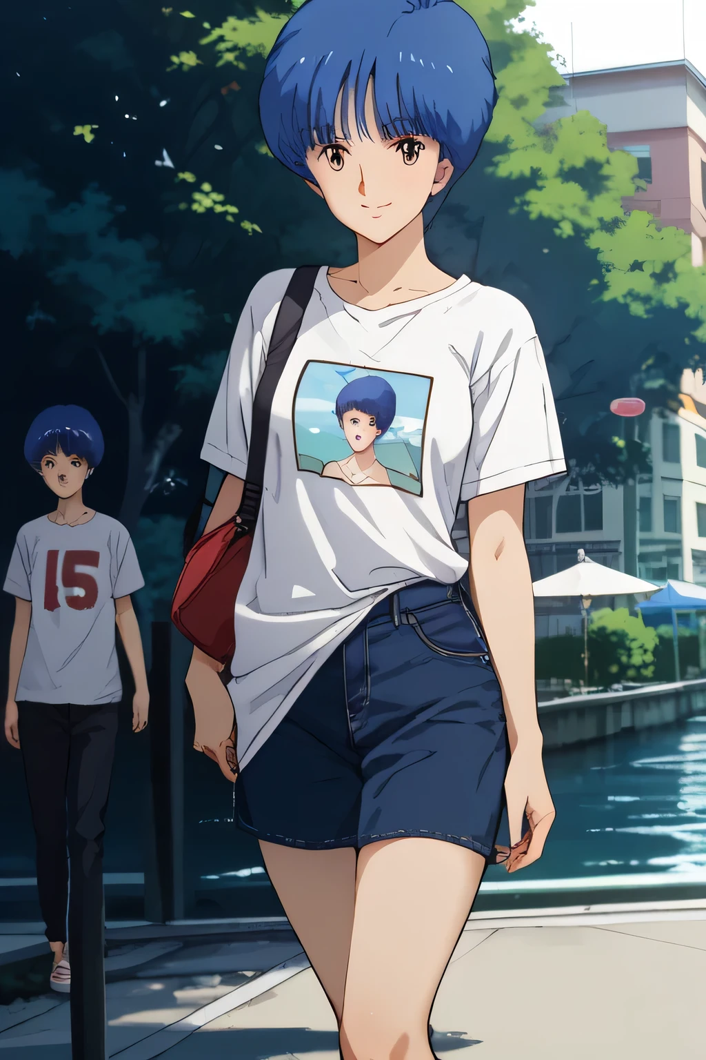 Smile, ((Seven heads and bodies)), ((large breasts:1.09)),slim body ,curvy,inverted triangle face,short boyish hair,((blue bob boyish cut)),40years old mature, outdoor,AOI YUME Masakazu Katsura drowning,((1mature:1.2 )),((blue very short bob hair:1.38)), anime,Masakazu Katsura, AOI YUME、(looking at from the front), Look at the camera,(1 person), AOI YUME ,close mouth , slit eyes ,ALMOND EYE,1mature, alone, Aoi Yume, ((very short hair)), ((Casual clothes:1.59)),masterpiece,((outdoor background :1.59)),aoi,Katsura Masakazu, 桂正和