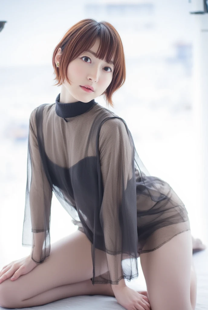 20yo woman, (masterpiece: 1.4), (8K, reality, original photo, best quality: 1.4), Japan, (1 girl), beautiful face, (Real faces: 1.4), (pink hair, short hair: 1.3), hairstyle, Realistic blue eyes, beautiful details eyes, (reality皮肤: 1.3), beautiful skin, Attractive, ultra high resolution, Super realistic, HD, golden ratio, (Detailed face: 1.4), (Japan演员: estuary), Sheer vest,粉色short hair,White透明,White,NSFW,big,big屁股强调,The nipple areola is clearly shaped,looking into camera,Sitting on the sofa,pubic shape is transparent and clear,posture(Bend your knees and legs open)