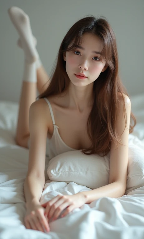 Beautiful and sweet girl with long white socks tucked under the bed