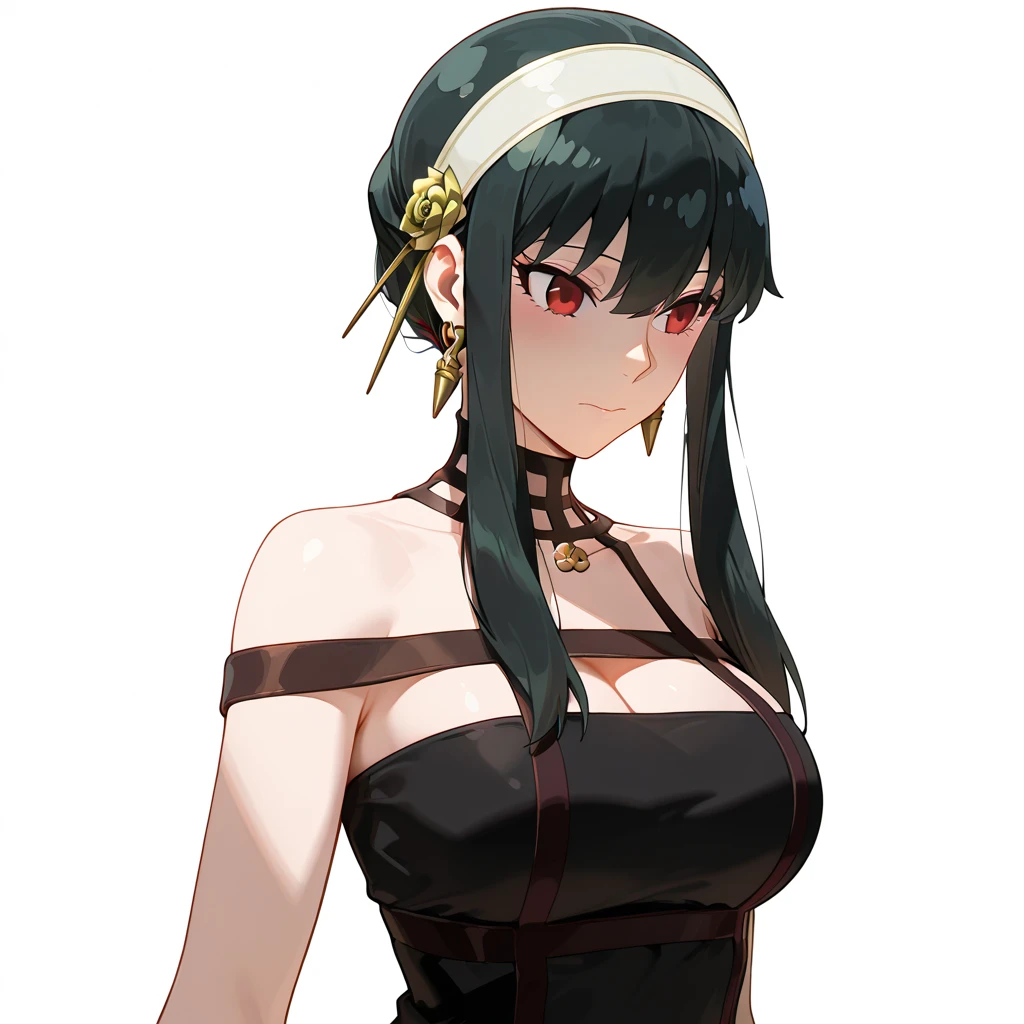 score_9, score_8_up, score_7_up, score_6_up, uncensored, Yor Briar, black hair, earrings, white hairband, hairband, long hair, sidelocks, red eyes, naughty face, shiny skin, sweating, steaming body, heavy breathing, BREAK (masterpiece:1.2), best quality, high resolution, unity 8k wallpaper, (illustration:0.8), (detailed eyes:1.3), 1girl, rating:safe, solo, jewelry, earrings, covered navel, red lips, breasts, looking_at_viewer, navel_cutout, holding pipe, hand on hip,