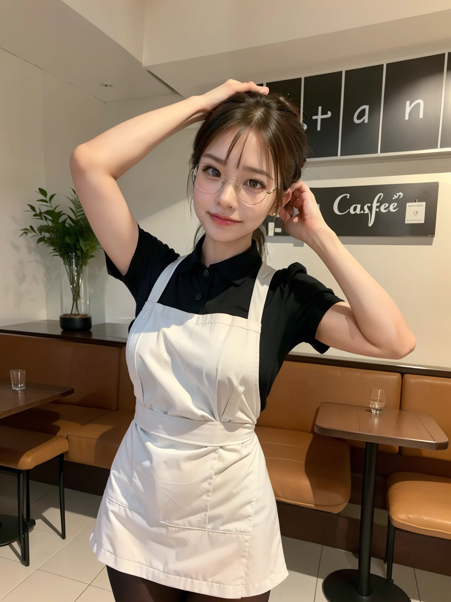 21 years old girl (Japanese cute face) is wearing very short mini skirt and apron and working at the coffee cafe with sunflowers