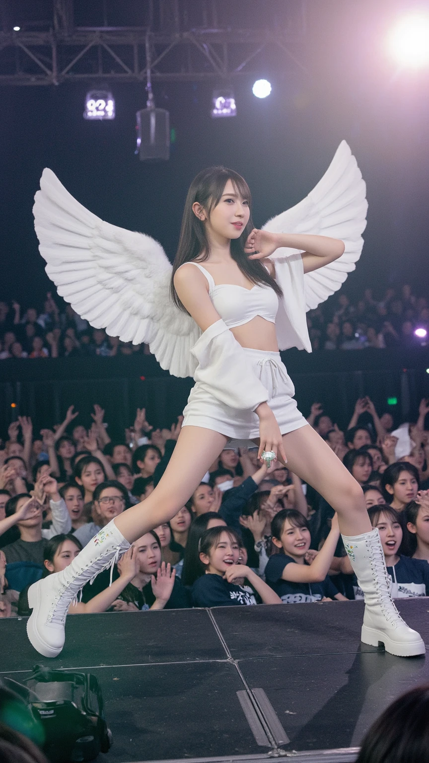 An image of me with angel wings on a concert stage