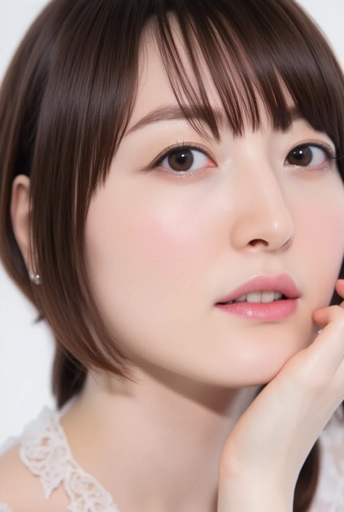 8K highest image quality)、(beautiful)、Accurate Eyes、Fine skin、22-year-old female、Stylish、Brown eyes、Brown Hair、looking at the camera、Close-up、Completely naked、Semi-short hair、