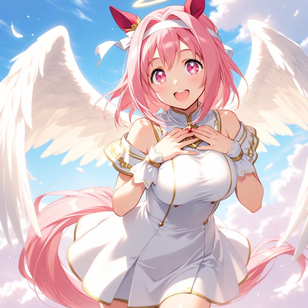 1 woman、爆乳、cleavage of the breast、Pale pink hair studded with stars、Long Lace Bale、Lolita clothes with lots of frills and ribbons、angel wings encrusted with jewels、A smile