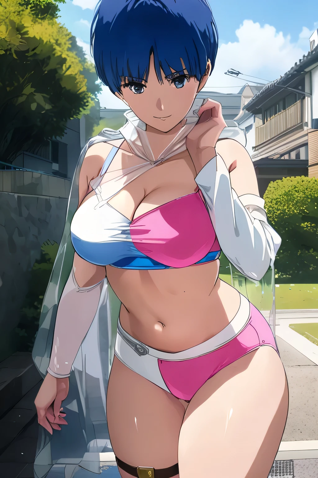 ((large breasts:1.59)),((thick thighs:1.59)),slim body ,curvy,inverted triangle face,short boyish hair,((bob boyish cut)),40years old mature, outdoor, heroine costume sexy action pose,AOI YUME Masakazu Katsura drowning,((1mature:1.2 )),((blue very short bob hair:1.38)), anime,Masakazu Katsura, AOI YUME、(looking at from the front), Look at the camera,(1 person), AOI YUME ,close mouth , slit eyes ,ALMOND EYE,1mature, alone, Aoi Yume, ((blue very short hair)), boots,see-through knee boots,short hair, navel, thigh strap, midriff, Bra,white and pink Bra, sports Bra, panties, white and pink pantie ,( bare shoulders), (detached sleeves),((action heroine cosplay)),Transparent vinyl cloak, the cloak is transparent,masterpiece,aoi, white and pink bikini, see-through boots,perfect anime girl, anime style polished,((outdoor background :1.59))