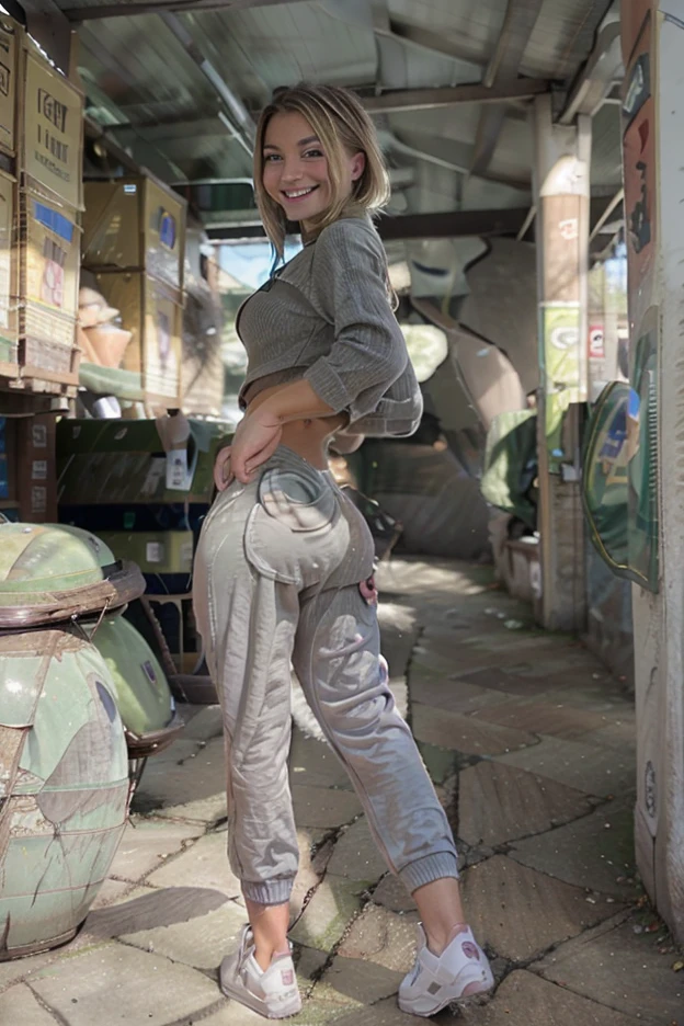 A voluptuous 1 girl with very long, curly grey-blonde hair in a ponytail, dressed as a hip-hop dancer. She has a fuller bust and curvier butt, enhancing her feminine allure. She wears loose-fit black clothes, including a top and wide cargo pants, along with sneakers and accessories such as a necklace and earrings. A baseball cap completes her look. She is performing a hip-hop dance move on a vibrant urban street, surrounded by colorful graffiti art on the walls. The scene captures her mid-movement, with dynamic energy and sharp-focus. The image is of the highest quality, 32k, photorealistic, ultra-detailed, finely detailed, and high resolution. Her beautiful, detailed eyes and the sharpness of her movements make the composition perfect. The shot is in a cowboy shot style.