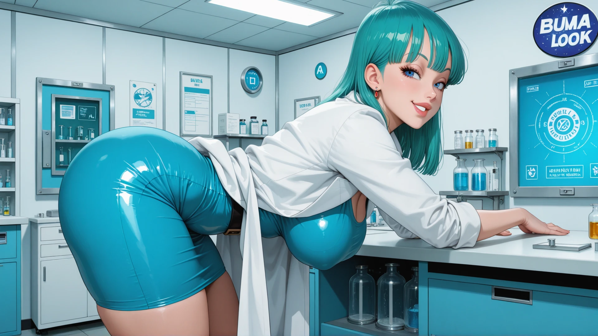 nurse outfit, large breast, big breast, cleavage, short green hair, blue eyes