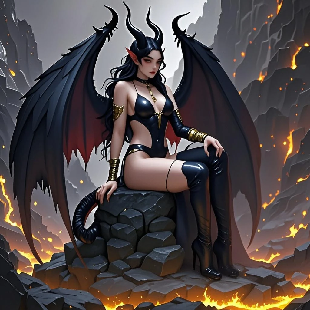 ultra detailed Rihana as Satan sur le Trone de l'enfer, diablesse, Robe sexy noire et rouge, demon wings, Demon horn, Realistic detailed eyes, Context of the chaos of hell and destruction, Evil queen, looking straight at camera, souriant avec satisfaction, longs ongles noirs, Shaded illustration of a high-quality cell in hell, corps entier, pose dynamique, anatomie parfaite, centered, Freedom, soul, Approche de la perfection, Ombrage de cellule, 8k , Cinematic dramatic atmosphere, Water color painting, Illumination globale, detailed and intricate environment, ArtStation, Art conceptuel, mise au point fluide et nette, volumeric lighting, lighting cinematic