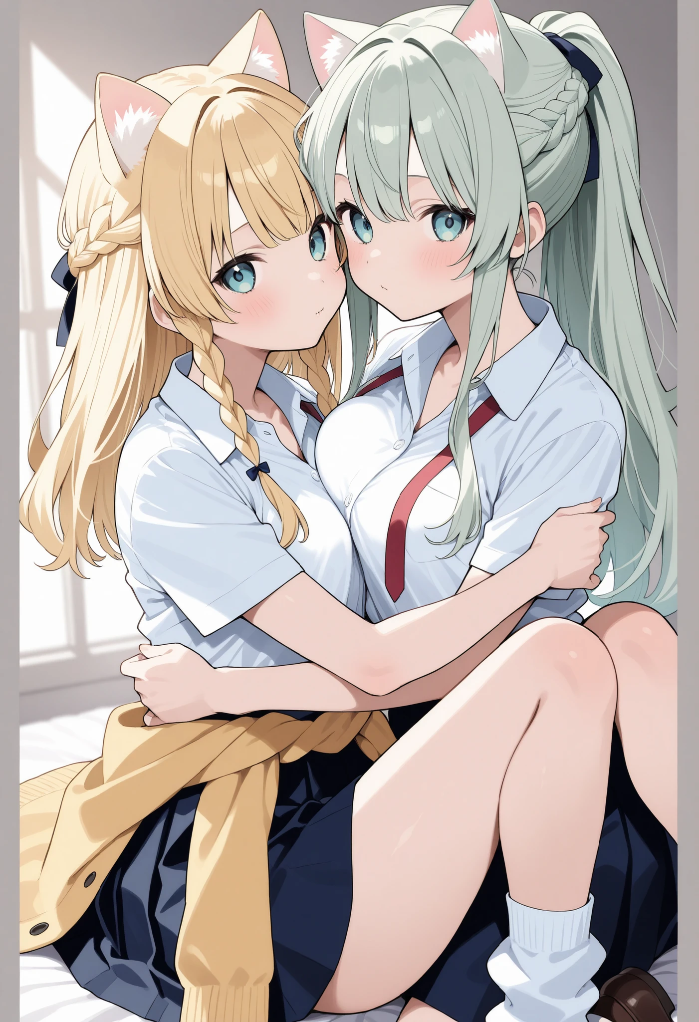 Blonde Cat Ears、bob cut blonde hair、 braids on both sides、