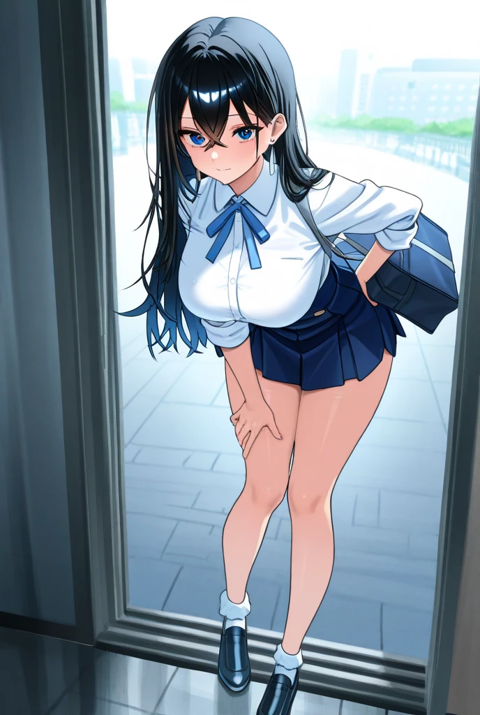 ((best quality)), ((masterpiece)), ((detailed)), (((perfect face))), (((slender 18yo teenage girl looking down))), (((topless))), (((medium breasts))), ((dark blue pleated skirt from waist to thighs))), ((dark brown hair)), ((short ponytail)), (((blue eyes))), ((shy:1.3)), ((blushing:1.5)), ((skinny thighs)), ((skinny hips)), (((bare arms))), (((bare shoulders))), (((bare stomach))), (((open mouth))), (((surprised:1.3))), (((interior school corridor))), (((wearing blue sneakers))), (((standing)))