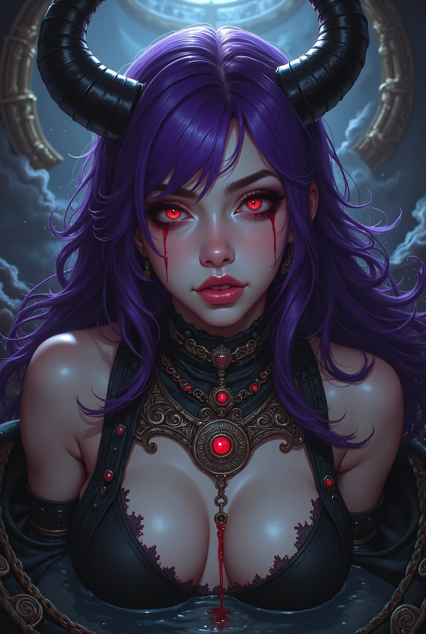 detailed demon-like woman, vibrant purple eyes, intricate horns, sharp teeth, ebony hair, pale skin, dark fantasy, cinematic lighting, dramatic chiaroscuro, rich colors, highly detailed, photorealistic, 8k, masterpiece