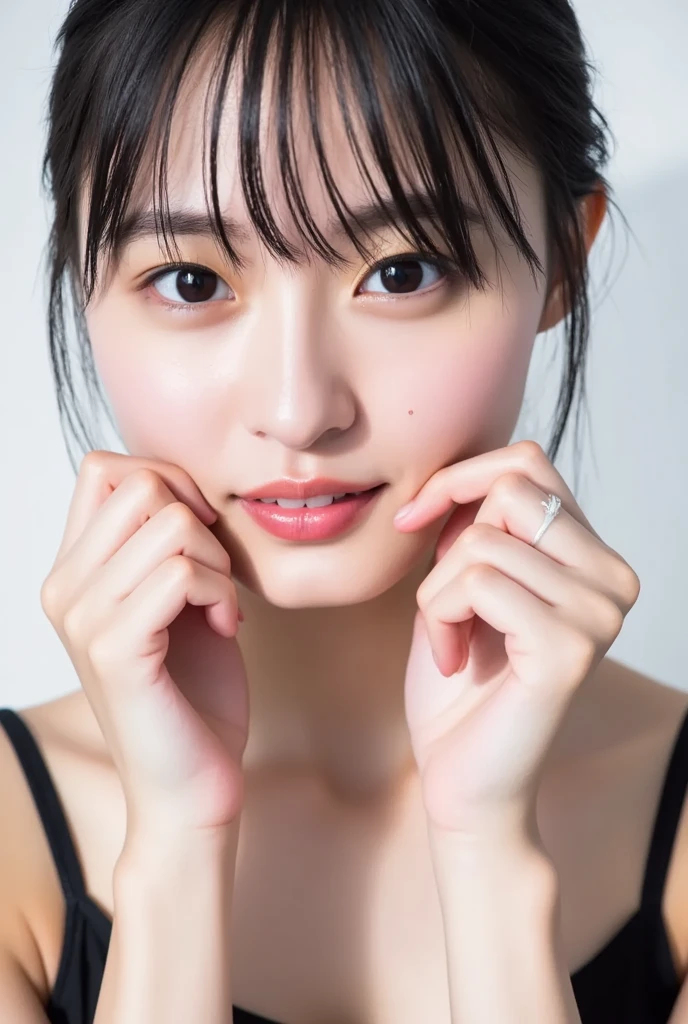 Portrait of a Japanese high school girl from the chest up。Her straight black hair is shoulder length、Bangs reach the eyebrows。Each and every hair is drawn in detail、Has a natural shine、It appears shiny where light hits it。
Facial detailsにこだわった描写。Her skin is healthy and、Even the pores and fine hairs are delicately expressed.。The cheeks have a natural pale pink color.、Fine freckles are visible。Her forehead has tiny wrinkles、I can see the facial wrinkles that appear when I smile。
The big brown eyes、The iris pattern is depicted in detail.、The pupil is clearly visible in the center。The light from the window is reflected in her eyes、The reflection of the light gives the eyes a little sparkle.。Thin blood vessels are visible in the whites of the eyes around the pupils.、It's becoming more realistic。Her eyelashes are long、Each piece is carefully drawn。Eyebrows in a natural shape、The flow of hair is clearly visible。The small unevenness of the skin between the eyebrows、Even the fine wrinkles around the eyes are depicted in detail.。
A small, high nose、I see a slight reflection of light on my nose、The shape of the nostrils is also drawn naturally.。鼻の周りのSkin Textureがリアルに表現されている。High cheekbones accentuate the contours of the face、The smooth curves of the cheeks are drawn.。
The mouth of a bright smile、I can see my pure white teeth。Lips are naturally pink、The texture and shine of the lips are realistically expressed.。There is a subtle shadow around the edge of the lips.、It has a three-dimensional effect。The surface of the teeth reflects subtle light.、The gums are a natural, healthy pink color.。
The smooth jaw and face line are beautifully shaped.、There is a slight shadow under the chin、The boundary with the neck is drawn naturally.。The fine muscle lines are visible on the neck.、Gives a healthy impression。
She is wearing a white blouse and a navy blue sailor uniform.、The uniform has a neatly tied red ribbon on the collar.。The texture and wrinkles of the clothing's fibers are also depicted in detail.。The background is a simple light color gradient.、It highlights her face and her clothes.。The natural light casts soft shadows on her face and clothing.、The light gives warmth to the skin。Facial details、Reflection in the eyes、Hair luster、Skin Texture、To the gloss of the lips、Everything is detailed down to the last detail.。