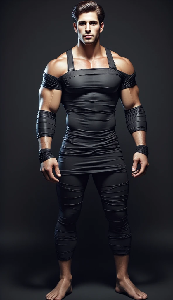 Asian man, body builder, in leather underwear, in a photo studio with a black background, with sexy superhero costume.

