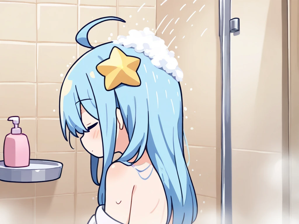 One、Wearing no clothing、At the front door of the house、Taking a shower、Washing the body、Light blue hair、Standard Bust Size、Eyes are dead、Are crying、Nipples、Pussy、A large amount of condensed milk is poured over the body、condensed milk on the face、Condensed milk on your hair