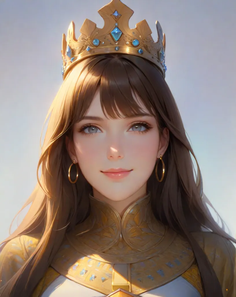 (UHD, retina, masterpiece, ccurate, anatomically correct, textured skin, super detail, high details, high quality, best quality, highres, 1080P, HD, 4K, 8k, 16k), (beautiful detailed eyes, beautiful detailed lips, extremely detailed eyes and face), studio lighting, physically-based rendering, vivid colors, (big tits, super big tits, super extra big tits, glamorous body), (crown, king's robe:1.5), (portrait, shiny hair, shiny skin), (bokeh), (tilt your head to the side:1.5), eye reflection, (blush, smile:1.5),