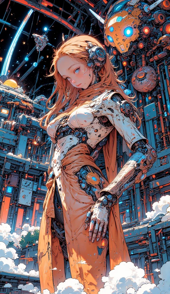 Psychedelic cityscape，evening glow，Lots of high-rise buildings，Mechanized blonde girl，Mechanized cityscape，The head is human，Half body machine，Left arm fully mechanical，The right arm is a human，sulking，full body，from below，Masterpiece, high definition, perfect composition, perfect face, perfect body, golden ratio, 8K，