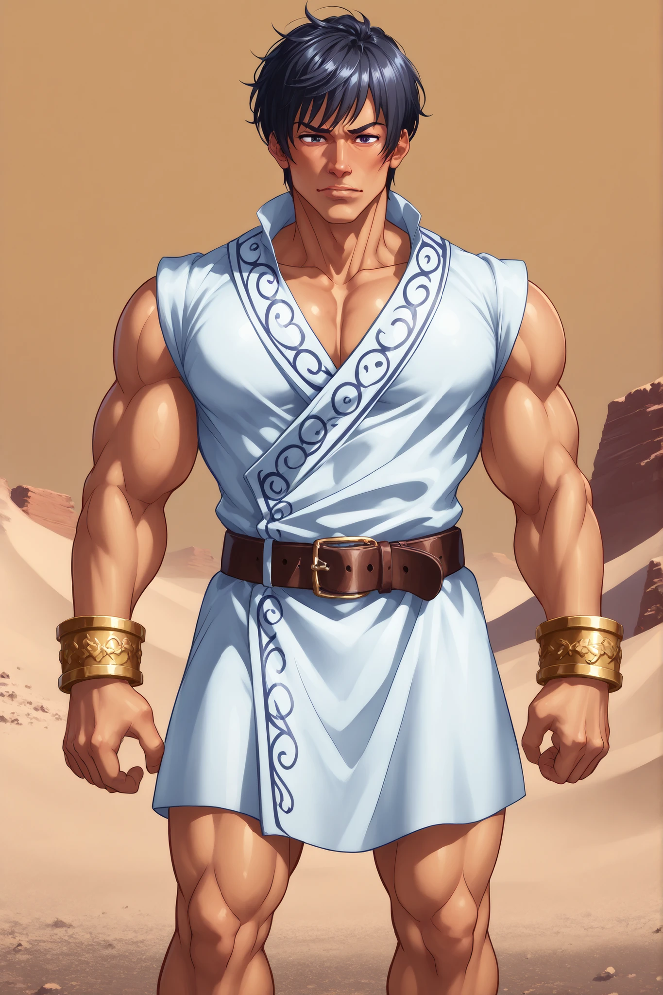 1men, slightly tanned skin, firm build, average height (1.66 m), black hair, long and rebellious , angled face, Mirada Serena, wears a long linen tunic covered in earth tones with a leather belt, copper bracelet on a wrist, relaxed but alert posture, With a confident and reserved air, desert background or with awnings dealer and dust in the environment.