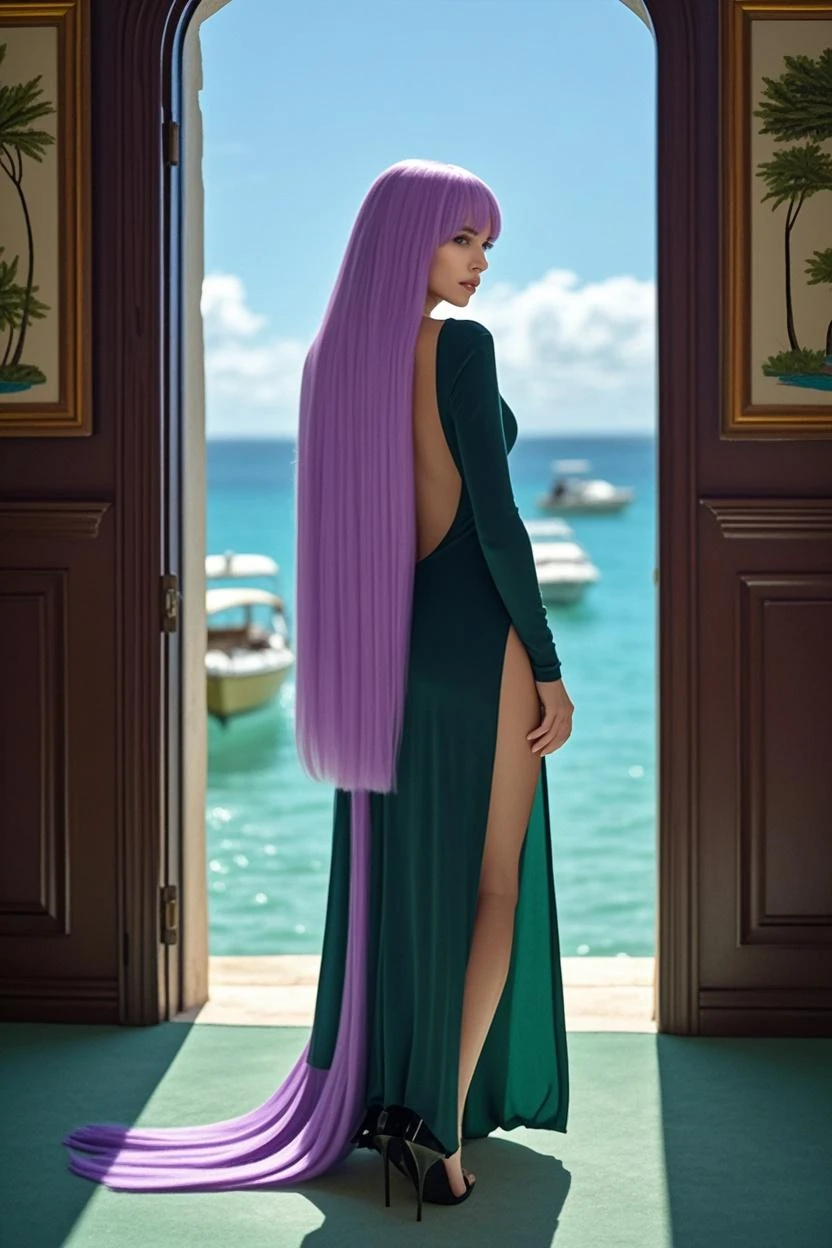 Photorealistic, masterpiece, 18 yo beautyful green haired latina, naked, she is being fucked by a man on the stairs in the garden of a 18th century mediterrean mansion, with roses and herbs, 8k, uhd, mansion and garden in background, detailed body, face, seducing look, photo from behind