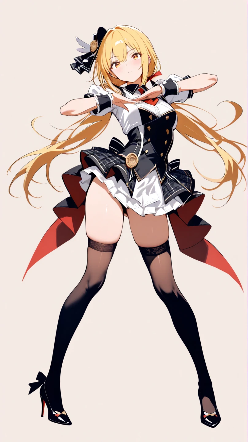 (all intrincate details), 1girl view, navia, long hair, blonde hair, blue eyes, open dress, bangs, gloves, bare shoulders, cleavage, thighhighs, black gloves, drill hair, detached sleeves, spread legs, pussy, arms behind head, both armpits, cowboy shot, smile, symmetrical face, looking at viewer, full body.@