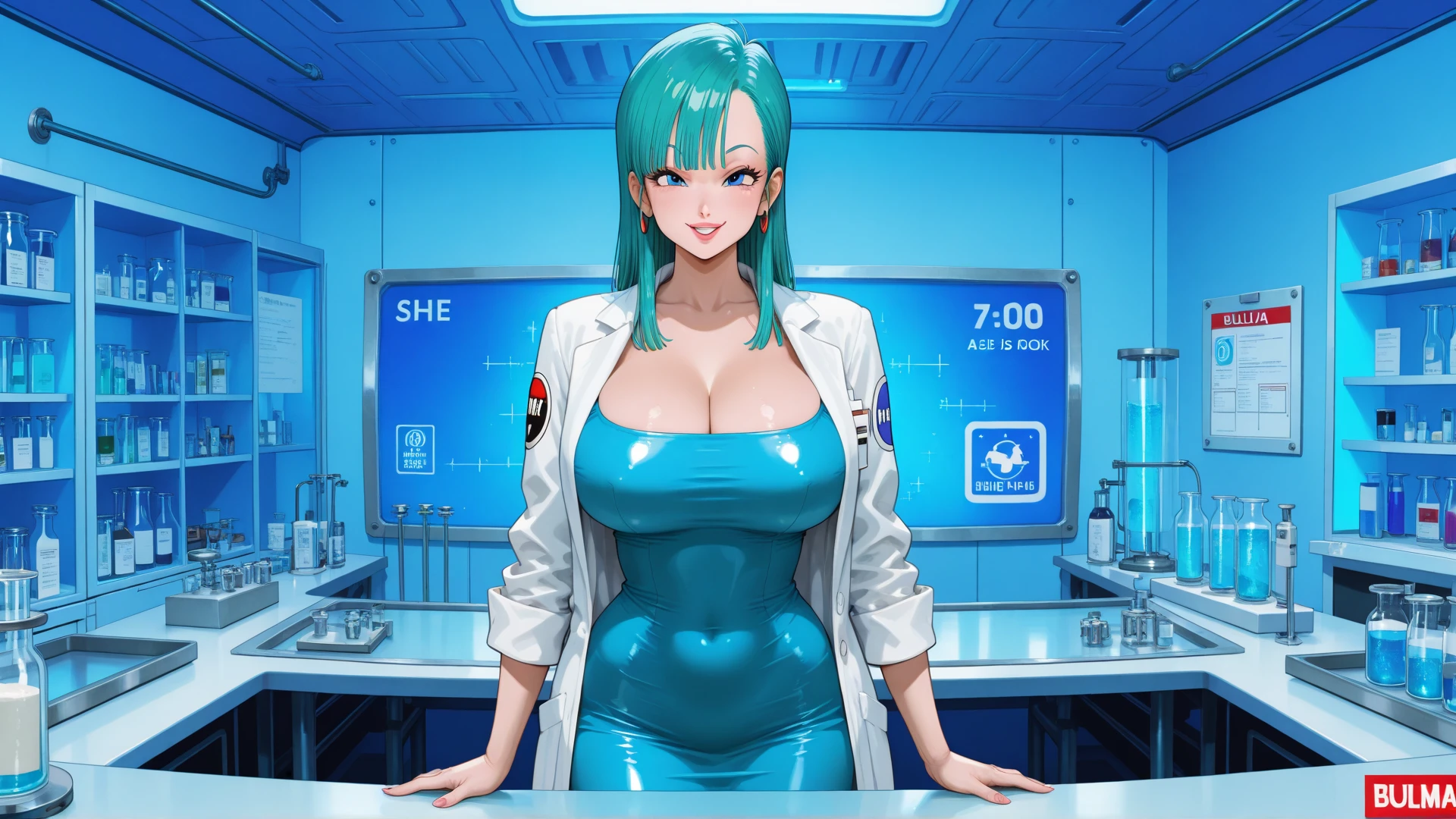 masterpiece, best quality, high quality, labcoat over scrubs, hospital exam room, ((stethoscope)), 1girl,(hospital, operating room, infirmiary,clinic),   (Sachie Uchiyama, 3dcg 11, 1girl, short hair, large breasts, hair between eyes, glasses, single braid, aqua_eyes, aqua_hair, pale_skin, pale-skinned female, bob cut, big hair), white background, 