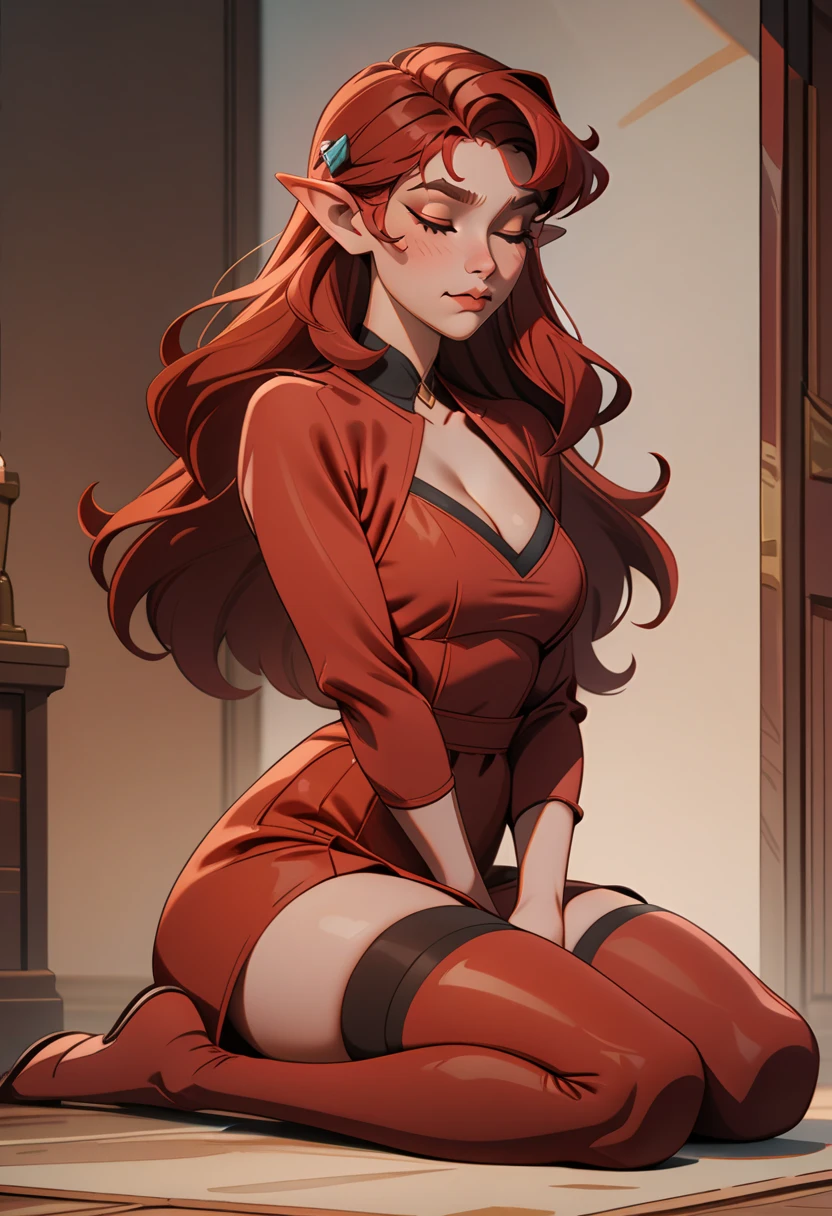 A red haired woman with red eyes with an hourglass figure in a cute one piece swimsuit is sitting on her haunches in the waes