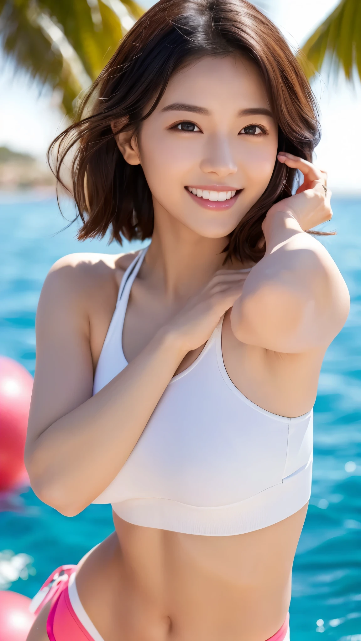 best quality,masterpiece,32k,sharp focus,Professional lighting,Cinematic lighting,Natural lightingcowboy shot,slim and smooth lines,Japanese girl,cute girl,hand on the head,ocean,wind,blue sky:,bob cut,bikini,tongue out,