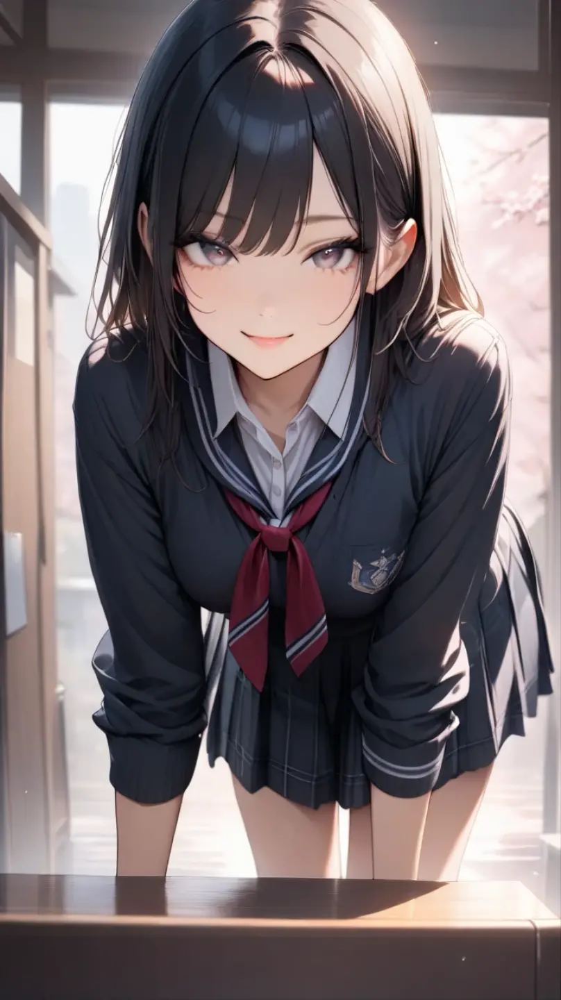 1girl, black hair, tsundere face, close up, near the classroom window, wearing nice lipstick, hands behind back, perfect body, miniskirt, sailor tie, school dress, looking at the viewer, add_detail:1