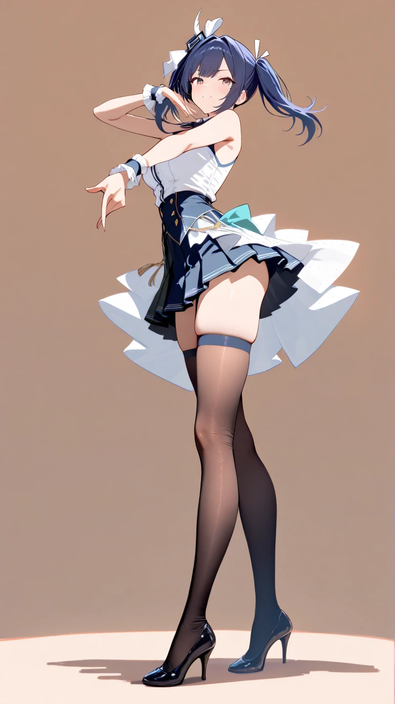 full body picture of girl with big breasts and butt , long Brown black hair With blue highlights . bushing and smiling. with a collar around her neck wEating highly reviling clothes That is Just a see through White Tight fight cold Shoulder Tube crop top shirt That shows her breasts and tits. And a black micro skirt That shows her extra small high rise Panties And part of her butt.