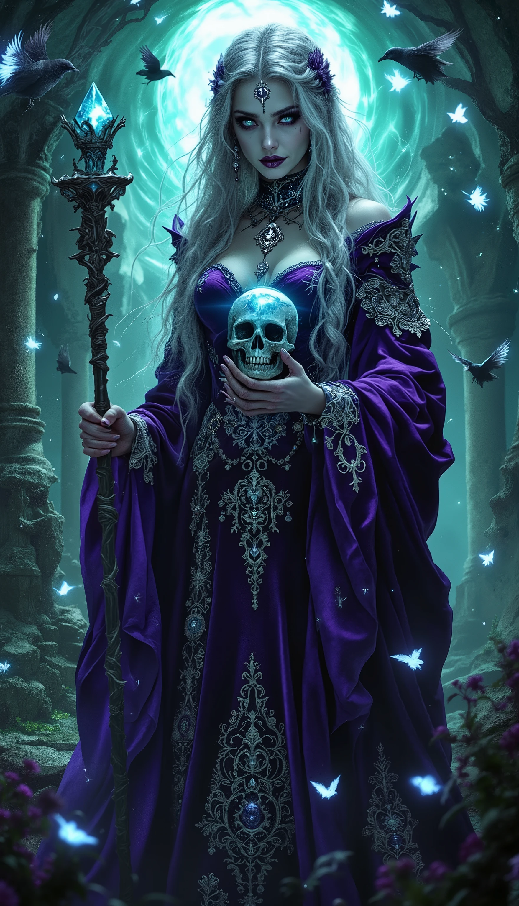 An ultra-realistic, full-body static depiction of an arcane sorceress woman, exuding an aura of profound mystery with a melancholic and gothic palette. She wears a voluminous, violet velvet gown, richly embellished with silver filigree and arcane symbols that seem to pulse with energy, emphasizing both her power and her melancholic elegance. Her photorealistic face is ethereal and haunting, with piercing, ice-blue eyes that convey both knowledge and a deep sadness. Her long, silver hair cascades down her back, styled with intricate braids and bone-like ornaments. She holds a gnarled staff topped with a crystal skull, and translucent, spectral ravens circle around her, adding to the occult atmosphere. The background is a swirling, emerald green abyss with hints of ancient ruins, with arcane symbols floating in the air, all illuminated by a soft, ethereal light. The image blends the elegance of Victorian mourning aesthetics with the arcane mystery of gothic fantasy and the detailed precision of digital rendering. The result is an unsettling blend of dark beauty and occult power, presented in stunning UHD resolution.