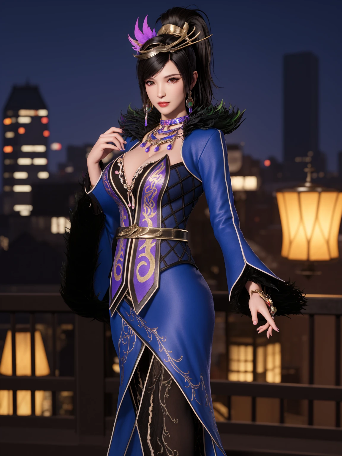 SGWSzhenmi, 1girl, solo, black hair, dress, jewelry, breasts, cleavage, headgear, hand on hip, pantyhose, necklace, ponytail,earrings,looking at viewer,belt, long sleeves,fur trim,mature female, cityscape, night, <lora:SGWSzhenmi:0.75>,makeup,