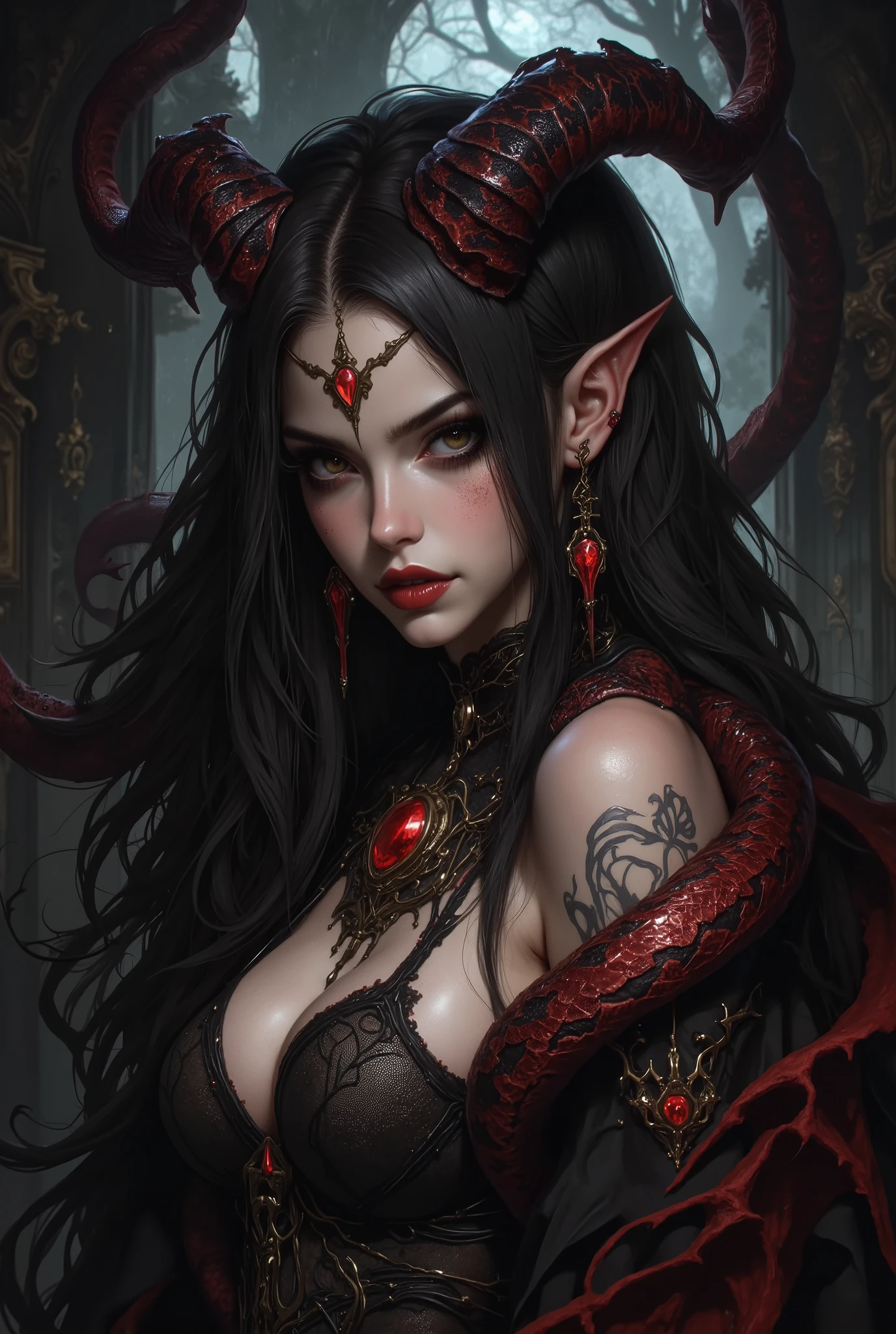 、(best illustrations)、8K UHD resolution 、complicated details、Highest Quality、realistic、ultra details、best lighting from above、Best Shadow、soft lighting、UltraHD、super realistic、 tyndall effect 、photorealistic、(High Detail Skin:1.2)、 (complicated details, makeup, pureerosface_v1:0.5), (Detailed, Beautiful, Delicate Face, Exquisite, Beautiful, and Delicate Eyes, perfectly balanced face, very fine skin, detailed skin, The best ratio is 4 index fingers to 1 thumb, Arms under chest, Red glowing tattoo under her belly 、Great Great, wide hips, smooth waist, Thin and skinny, __fashion__, __hair__:1.25)、dslr、 absurd、 One Beautiful Devil Woman from Hell , デヴィッド・ホックニーとアルフォンス・ムシャによる超realisticな女性の肖像画, Portrait of a Seductive Woman、fantasy art, Chinese Doll、Chinese actress、Dungeon、dragon、Devil's Palace、Devil's Torture Chamber、night、dark style 、in the dark、(Detailed spooky background:0.8), magic、 girl in black、Evil Nun、Dark Necromancer、succubus、Devil's Daughter、Umi Shinonome、bat wings,(((Devil's Horn)))、 ((((Glasses)))),(((Colossal )))、(devil's tail)、(Red Eyes Shining :1.6)、my red eyes are drawn in very sharp detail, 目がとてもよくmakeupアップされている, ((RED EYE:1.0)), intricate tattoos, demonic intricate tattoos, thigh tattoo, body tattoo, masterpiece、 most beautiful face、Aka-chan noodles、charming smile、Beautiful plump red lips、Muscular and attractive body、The devil's seductive body、Devil Style、Fascinating Black Magic Costume、((( A bright red snake wrapped around her body )))、The long-haired、braids、white hair、 ponytail distortion 、, Ponytail with a bow tied at the back of the hair, beautiful expression、Body Up、big breasts attention、 Bust, Super tight chest, Breast Augmentation Surgery, Her breasts are large, round and plump,Tight waist、Wide ass、 Low Key, Cowboy Lenses, ( Black Phoenix Dress : 1.0), Devil's Crown, Red shiny gemstone necklace、Jewelry Gwise, I'm wearing black mesh socks,Wear bright red、NFS W, NFS W, Meet beautiful girls, Look at the girl's body,