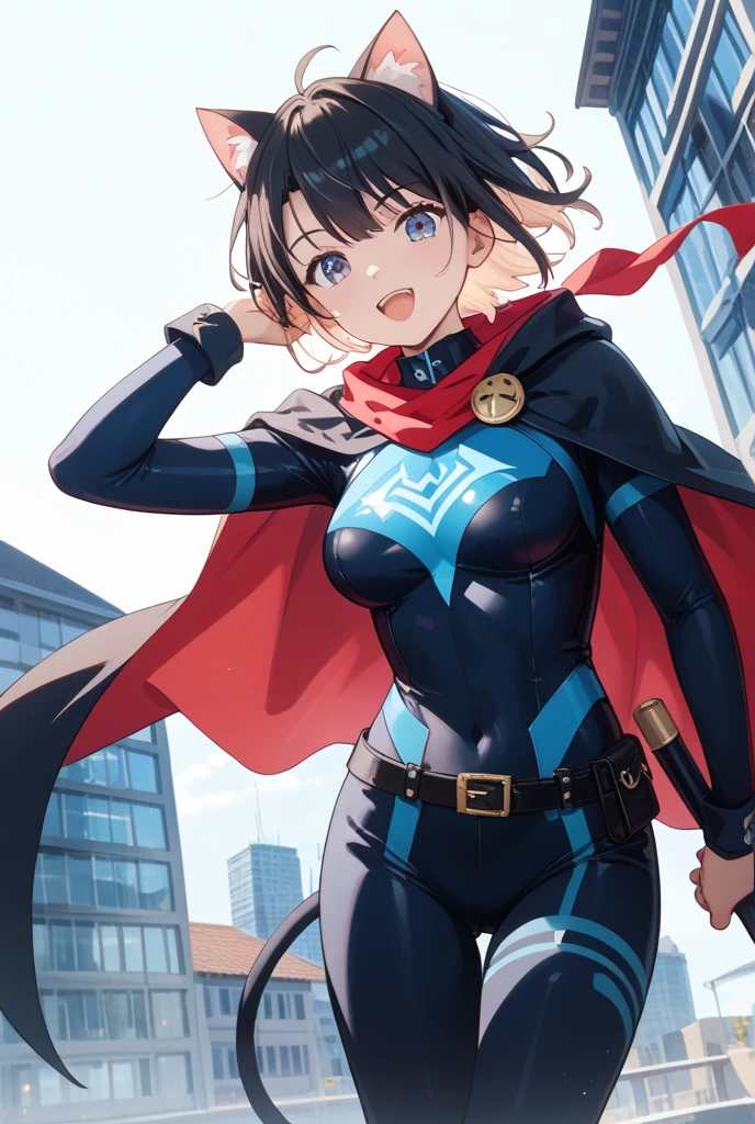 masterpiece, best quality, ultra-detailed, extremely detailed,illustration, 1girl, solo, MsMarvel, Black Leotard, Red Belt, eye mask, bare shoulders, elbow gloves, black gloves, smile, blue sky, cloud, <lora:MsMarvelSD15:0.7>