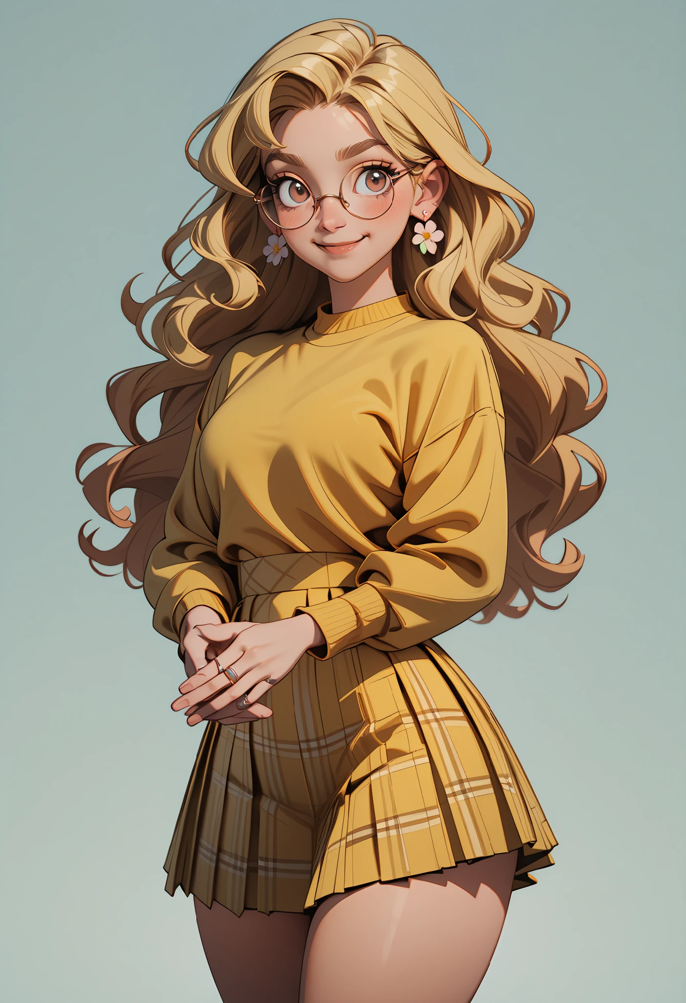 th3t4styl3,1girl, jewelry, solo, skirt, glasses, blonde hair, long hair, earrings, smile, ring, looking at viewer, plaid, shirt, round eyewear, yellow shirt, simple background, long sleeves, wavy hair, flower earrings, plaid skirt, blush, cowboy shot, closed mouth, own hands together, miniskirt, high-waist skirt, thighs, pleated skirt, very awa, masterpiece, best quality, highres, newest,absurdres, aesthetic