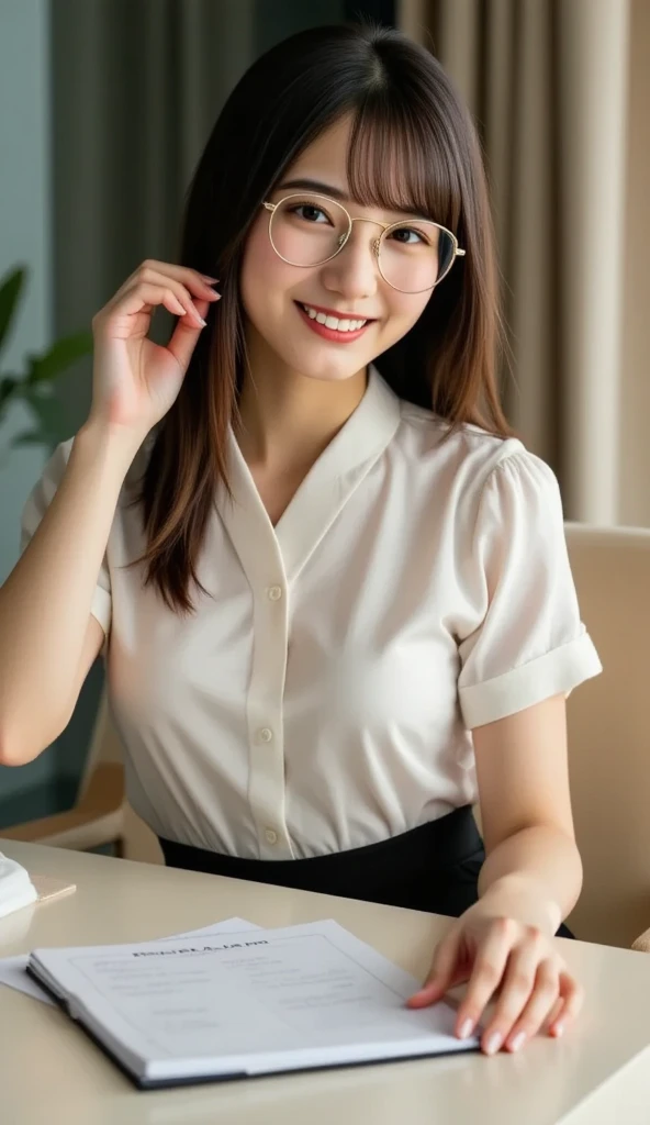 ulzzang-6500-v1.1, (RAW photo:1.2), (Photoreal), (See-through:1.3), (genuine:1.4), 1Girl in glasses、22 years old、game_ticker, オーシャンブルーのeye(eye), smile of shame、I keep my hair up and short、(Elegant silk blouse:1.3), (super realistic pantyhose:1.2), (flare skirt:1.2), sitting in the office and working at the desk、realistic skin texture、shiny skin、exposed thighs!!! , Makeup、