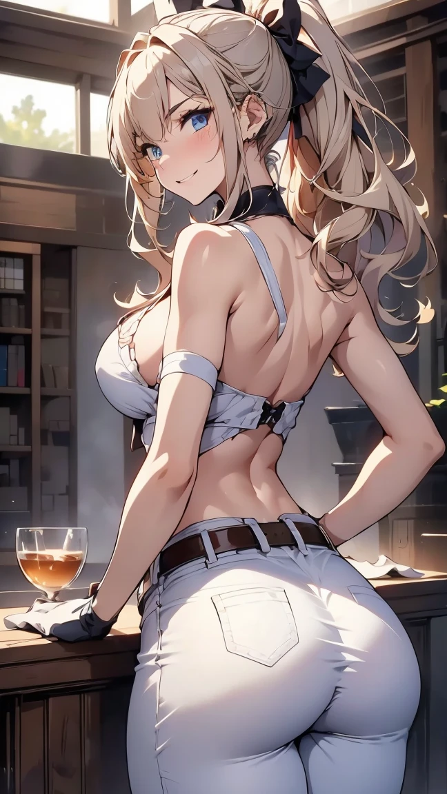 ultra-detailed、highest quality、Highest image quality、master piece、8K、blonde curly hair、(SFW huge body)、(((Rear view)))、cowboy shot