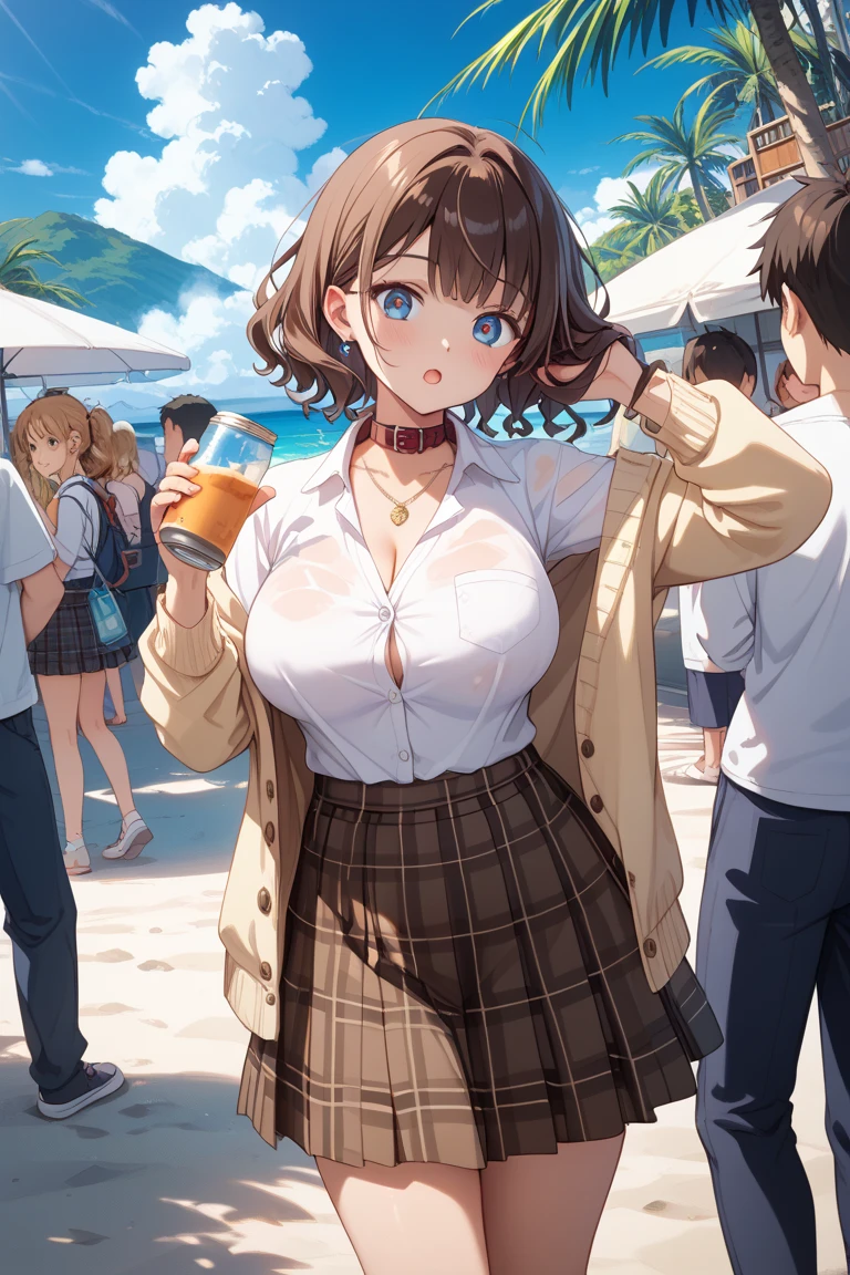 Anime illustration、highest quality、Short high school girl、Sporty tube top、hot pants、amusement park、Universal Studios、Perfect proportions、overwhelmingly big breasts、Thick legs、Beautiful, shining eyes、Blushed、smile、Cowboy Shot