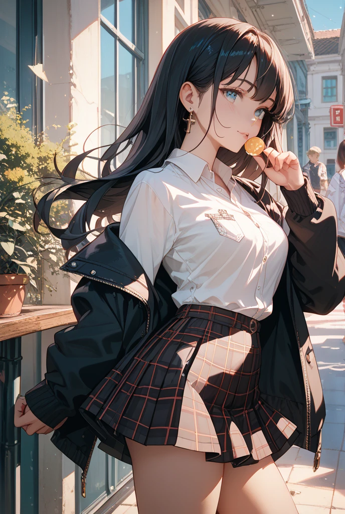((best quality), (hyperrealisti), mh-yk, Occupation: college student. Appearance: A slender young woman with long black hair styled in twintails. she has fair skin, striking features and intense dark eyes that convey intelligence and focus. Seu look consiste em uma white blouse, black vest e plaid hip skirt, highlighting college uniform outfits: white blouse, black vest, plaid hip skirt (schoolar uniform) funny scene, eating ice cream cone in the park and spilling it on his shirt, confused expression. (detailed scene,cinematic,natural lighting)art inspired by Alphonse Mucha
