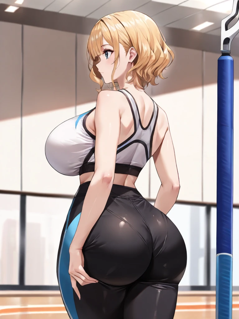 masterpiece:1.2, high quality, best quality, detailed_background,indoors,highres,neko (solution1988) massive breasts,open clothes,absurdres,blue eyes,gradient background,looking at viewer,sports bra,1girl,pony tail,bare arms,solo,animal ears,crop top,head tilt,cat ears,sunlight,slight smile, sports leggings,back view,back turned,wide hips,huge ass,round ass