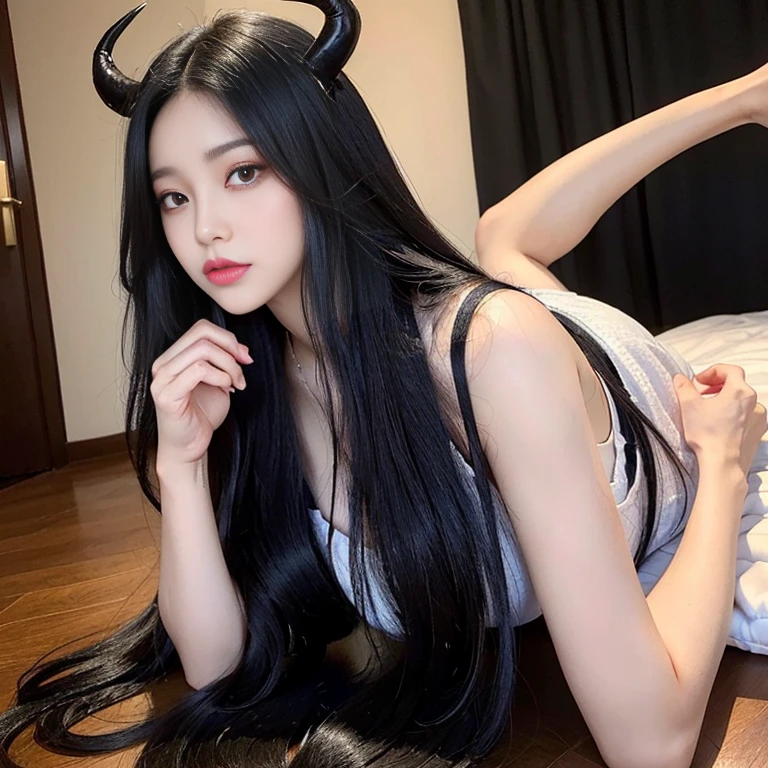 masterpiece, best quality, simple background, detailed beautiful face, albedodress, 1girl, solo, looking at viewer, cowboy shot, demon horns,