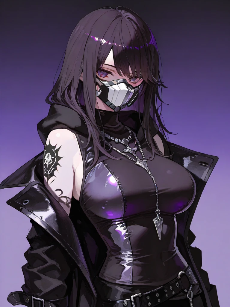 Ponytail, black mask, school uniform, purple eyes, big breasts, white underwear, misaligned bra, side tie panties, upper body close-up, angry expression, blush