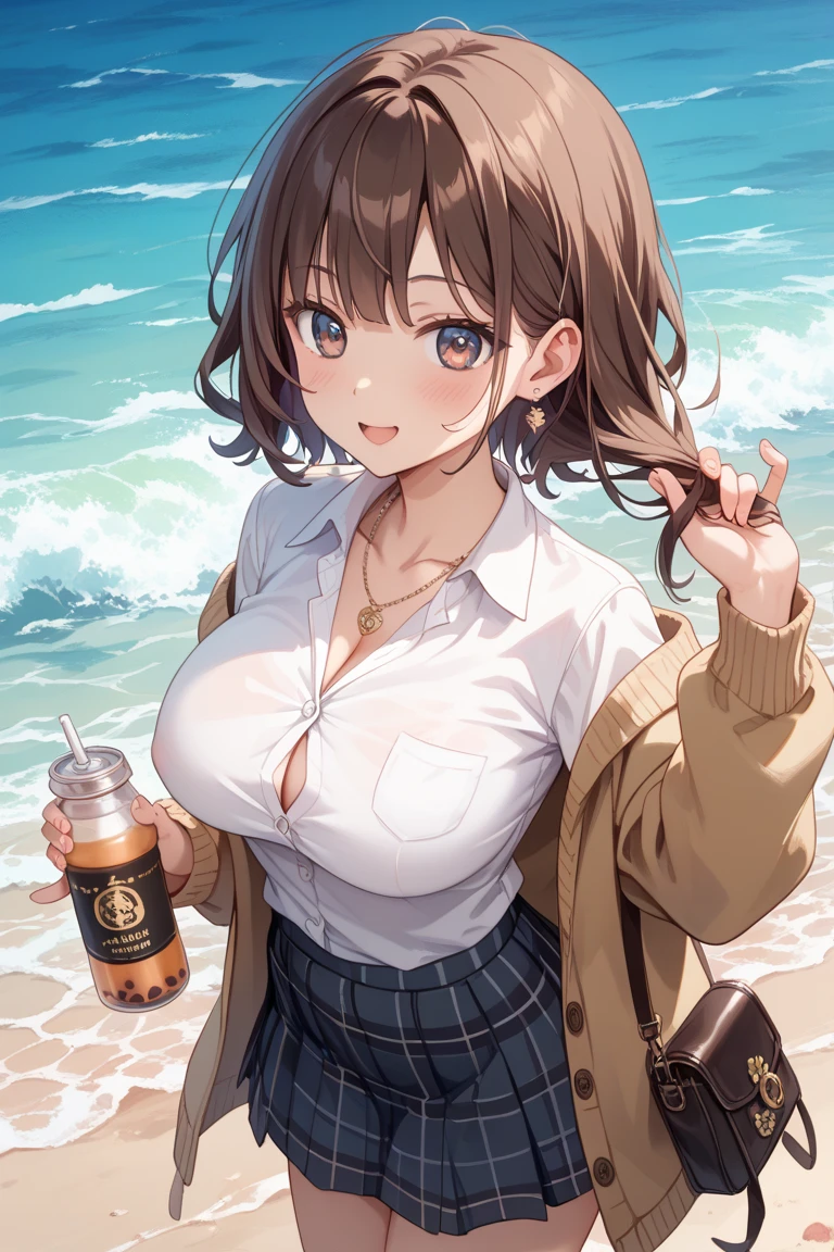 masterpiece, best quality, highres, hmanis, short hair, ahoge, hair ornament, eyewear on head, necklace, cleavage, see through eyepatch bikini, see through white bikini, yellow jacket, open jacket, off shoulder, sitting, chair, holding can, can, smile, open mouth, (beautiful beach:1.2, detailed background:1.2), (ultra detailed face:1.3, ultra detailed eyes:1.3), (NSFW:1.1)