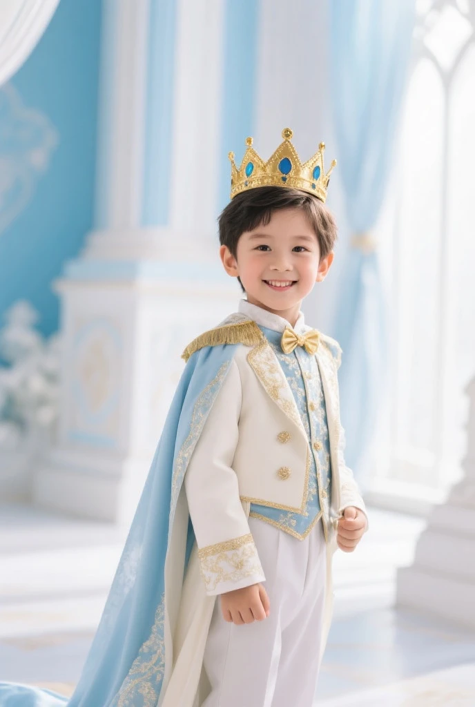 A 5 year old little boy, with white hair, contagious smile and royal outfit.