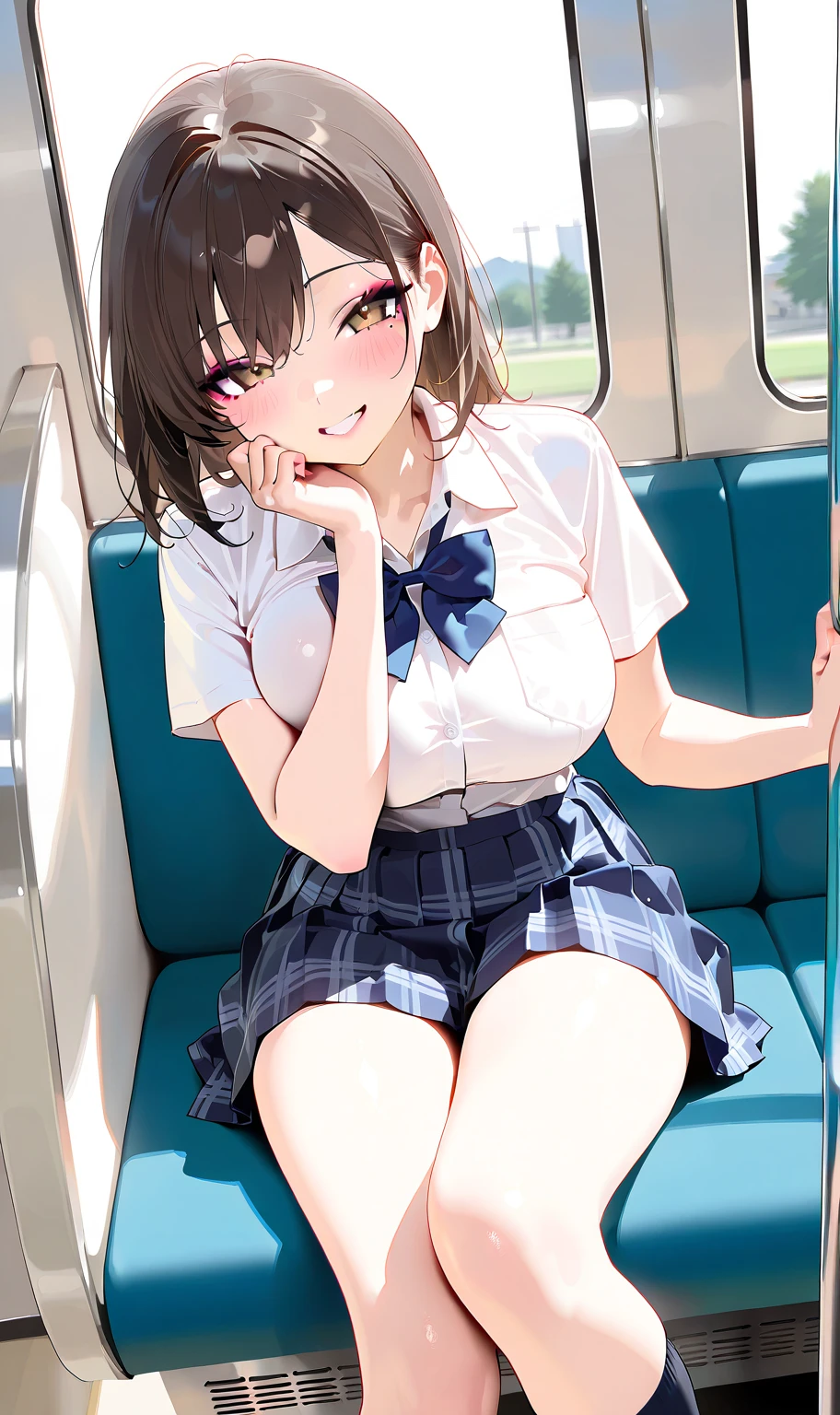 High-resolution images, Browsing Caution、Atmospheric perspective, 8k, Very detailed, Accurate, Highest quality, 1 girl, alone, Detailed fingers、Detailed eyes、Big Breasts、Huge breasts, Grinning smile、Looking at the audience, (Looking at the audience,:1.5), Brown Hair, Very short hair、On the train at night、Brown eyes, parted lips, underwear, panties,Student Bag、 (Japanese School Uniform), (Navy Blue Skirt), (Squatting on a train seat:1.5), underwear, panties, parted lips, lips, M-shaped legs、(Navy blue pleated skirt), Full Body Shot, (((Spread your legs, Place one foot on the seat、Fingers pinching the skirt with both hands))), showing sexy white panties:1.5), Realistic , (white, Collared shirt, Ribbon tie),(Show your crotch to the viewers:1.5), (thin fabric panties、Do not expose your upper body:1.5), (Turn your body towards the viewer:1.5) , (Photographed from the front:1.5),Taken from a distance、((15 year old Japanese girl, Brown Hairのショートボブ、Loafer shoes、Short socks))