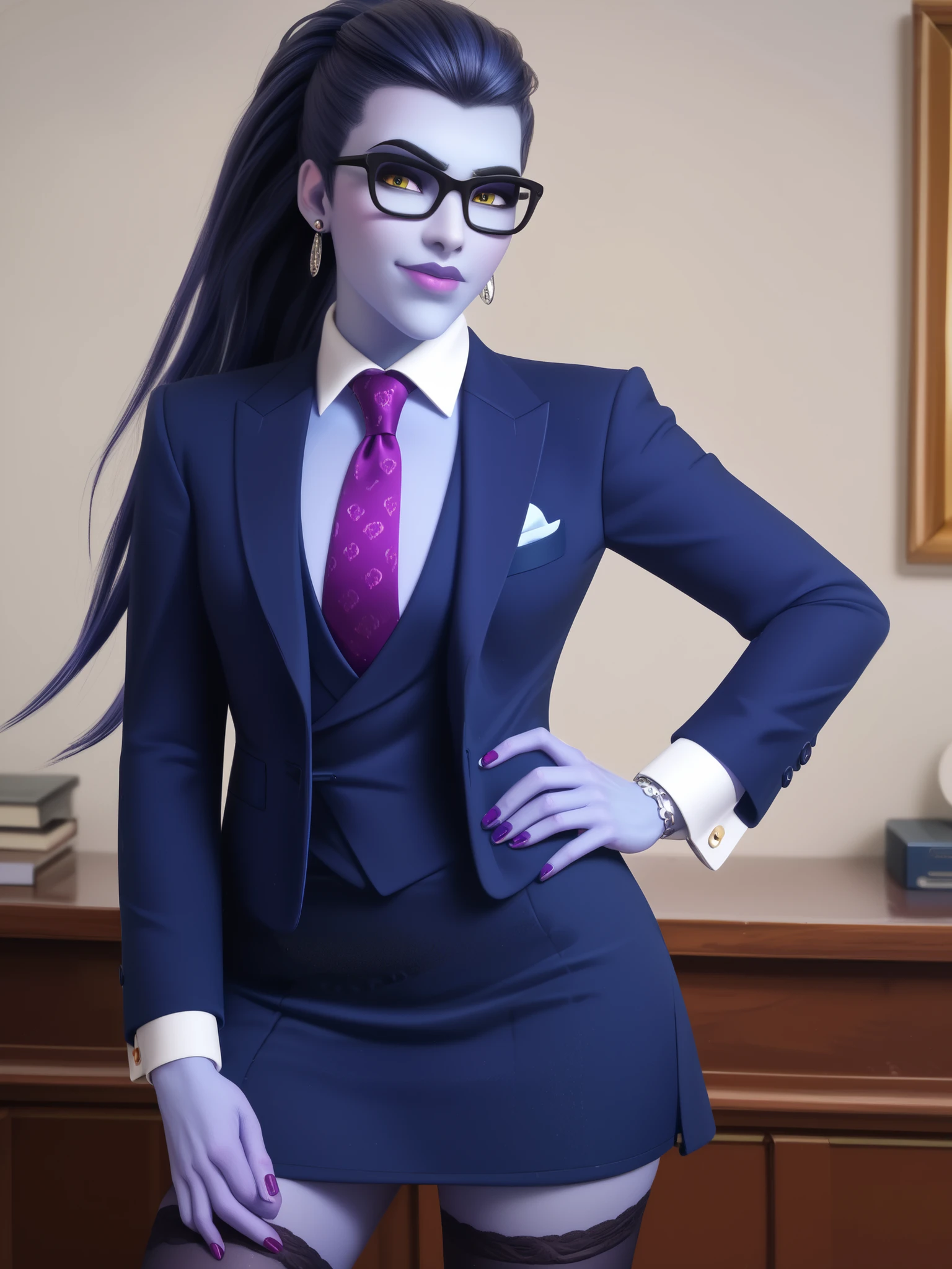 score_9, score_8_up, score_7_up, BREAK
wdwmakr, owwidowmaker, (((colored skin))), (((blue skin))), head turned, (((glasses))), lipstick, long hair, ponytail, yellow eyes,,lips,1girl,solo,
three-piece suit, formal, jewelry, dark grey suit, purple necktie, earrings, jacket, lilac shirt with white collar, jacket, shirt, lips, skirt, pocket square, cufflinks, shiny clothing, bare legs, confident pose
Face shot,Looking at viewer, smug, smirk, adjusting necktie, tightening necktie, above the knee skirt, stockings, purple nails, high shirt collar, hair strands, hands on hips, slender,
