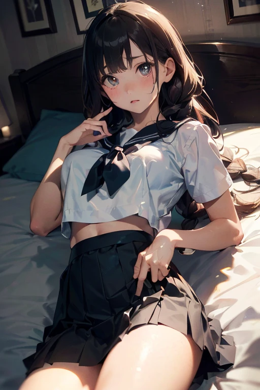 ((beautiful and descriptive photos)),((highest quality)), ((masterpiece)), (be familiar with), ((whole body)),((skirt lift)),(( I can see your panties)), ((1 girl)),((lying in bed)),perfect face, woman , school uniform,((Short shirt)), white shirt, gray skirt,((short skirt)), ((Lace Bra Looks)), ((Bra size D cup)), Small stature,((Drool)),((Are crying)),((milk is dripping from her mouth))