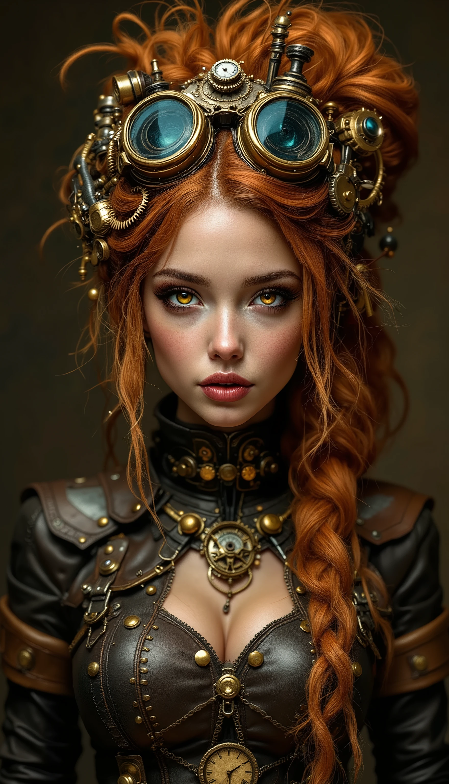 An ultra-realistic, full-body portrait of a captivating steampunk musician woman, radiating creative energy and a touch of rebellious spirit with a warm and richly detailed palette. She poses with a confident flair, her form exuding both musical skill and a unique, unconventional charm. She wears a modern, custom-fitted outfit crafted from leather, brass, velvet, and interwoven with clockwork mechanisms, visible gears, and customized musical instruments, in a mix of deep browns, tarnished golds, vibrant reds, and subtle copper accents, creating a classic yet innovative contrast. The outfit features intricate patterns, flexible fabrics, strategic placements of musical components, and integrated tools for instrument repair, designed for both comfort and her passionate performances. Her photorealistic face exudes a sharp intellect and a spirited creativity, with delicate features and piercing amber eyes that seem to reflect the passion of her music and her rebellious, artistic nature. Her long, auburn hair is styled in a complex, asymmetrical manner adorned with brass goggles, copper gears, miniature instruments, and shimmering ribbons, emphasizing her mechanical ingenuity and her creative spirit. Ethereal, steampunk-inspired tattoos in glowing copper, brass, and red patterns swirl along her arms, face, and neck, adding a unique charm that combines mechanics and music. She holds a customized, multi-instrument device combining a violin, a saxophone, and a keyboard, along with a mechanical metronome that helps her keep time and creates hypnotic rhythms, ready to ignite the atmosphere with the power of her performance. The background is a vivid combination of a steampunk concert hall and swirling, abstract energy fields in hues of deep browns, tarnished golds, vibrant reds, and subtle copper accents, emphasizing her artistic talent and her mechanical creativity. Dramatic cinematic lighting casts soft shadows and warm highlights, accentuating the flowing lines of her pose