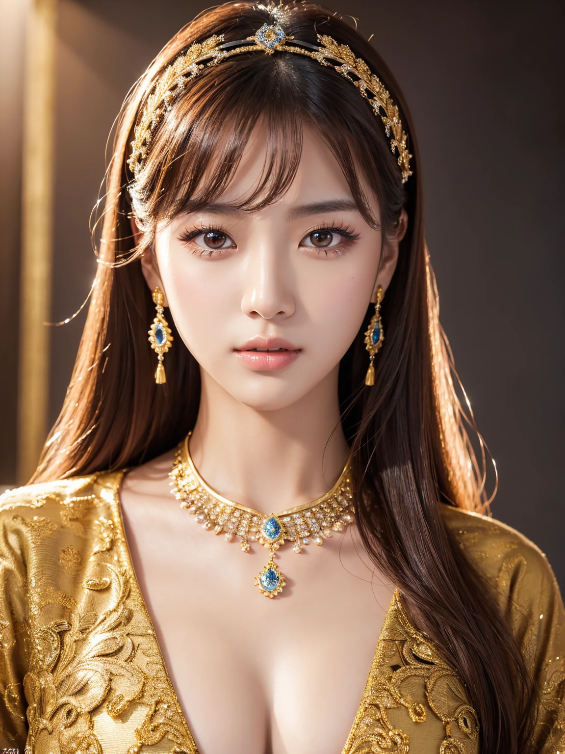 "Let our AI platform take you on a journey through a stunning portrait that will leave you in awe. Imagine a bright and beautiful face, with youthful and shiny white skin that seems to shine from within. Her hair is a sight to behold, with super long and silky straight hairs smoother than anything you've ever seen. And the cherry on top? The beautiful bangs shine like glowing crystals, Add a touch of magic to the overall image. With our wide range of designs and variations, You will be amazed at the endless possibilities."