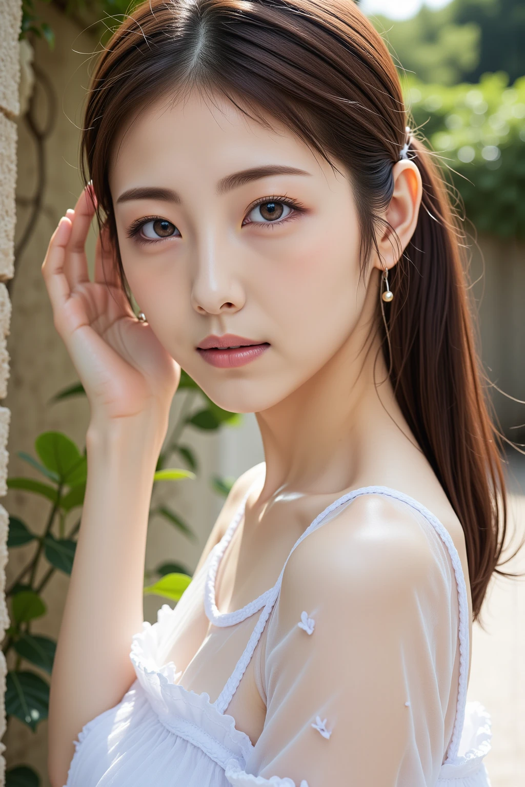 (((Ultra-high resolution、Close-up、Cute Japanese Woman)))、Long, straight black hair frames her face、So that every single hair is clearly visible、Depicts subtle color changes depending on the amount of light hitting the subject、The skin is white and smooth、Has a natural glow、Fine skin texture、Representing the fine details of pores、amountや頬に薄い赤みがある部分を詳細に、The eyes are almond-shaped and dark brown.、Fine details of the iris、Depicts color gradations and patterns、Long, natural-looking eyelashes, each and every one visible、Well-groomed eyebrows、indivual々The hair is clearly visible、Light reflects off into the eyes、Create small highlights、noseは繊細で、nose孔の細かいディテールがある、Lips are plump and naturally pink、Depicts the fine lines and soft curves of the lips、Shiny、Accentuate the shape、Detailed depiction of lip texture、Particular attention to the depiction of light and shadow、Soft natural light gently illuminates the face from the front、amount、nose、Creates a subtle glow on the cheeks、Shadows are cast softly along the contours of the face、cheekbone、Jaw Curve、noseの側面を強調、The gloss of her lips reflects the light faintly.、Emphasizes plump texture、The shadow of the hair adds depth and dimension.、indivual々The hair shines in the light、The background is simple and blurred.、Focus on the face、In the highest quality、Representing the utmost detail